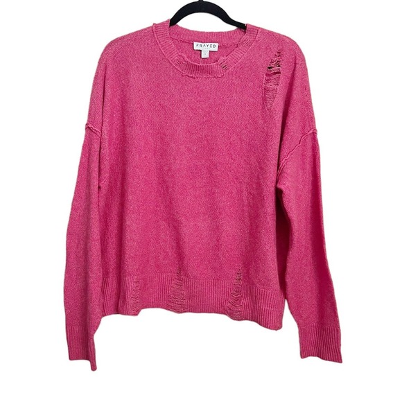 Frayed Denim NWT Gwen Distressed Sweater Raspberry Rose Sz S Knit Drop Shoulder - Picture 3 of 8